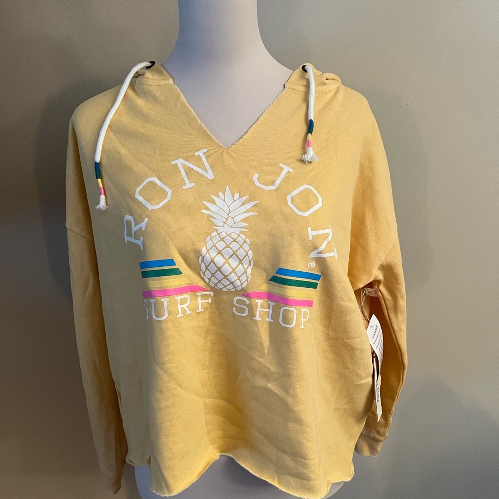 NWT Ron Jon Bright Yellow distressed cropped hoodie, size XS